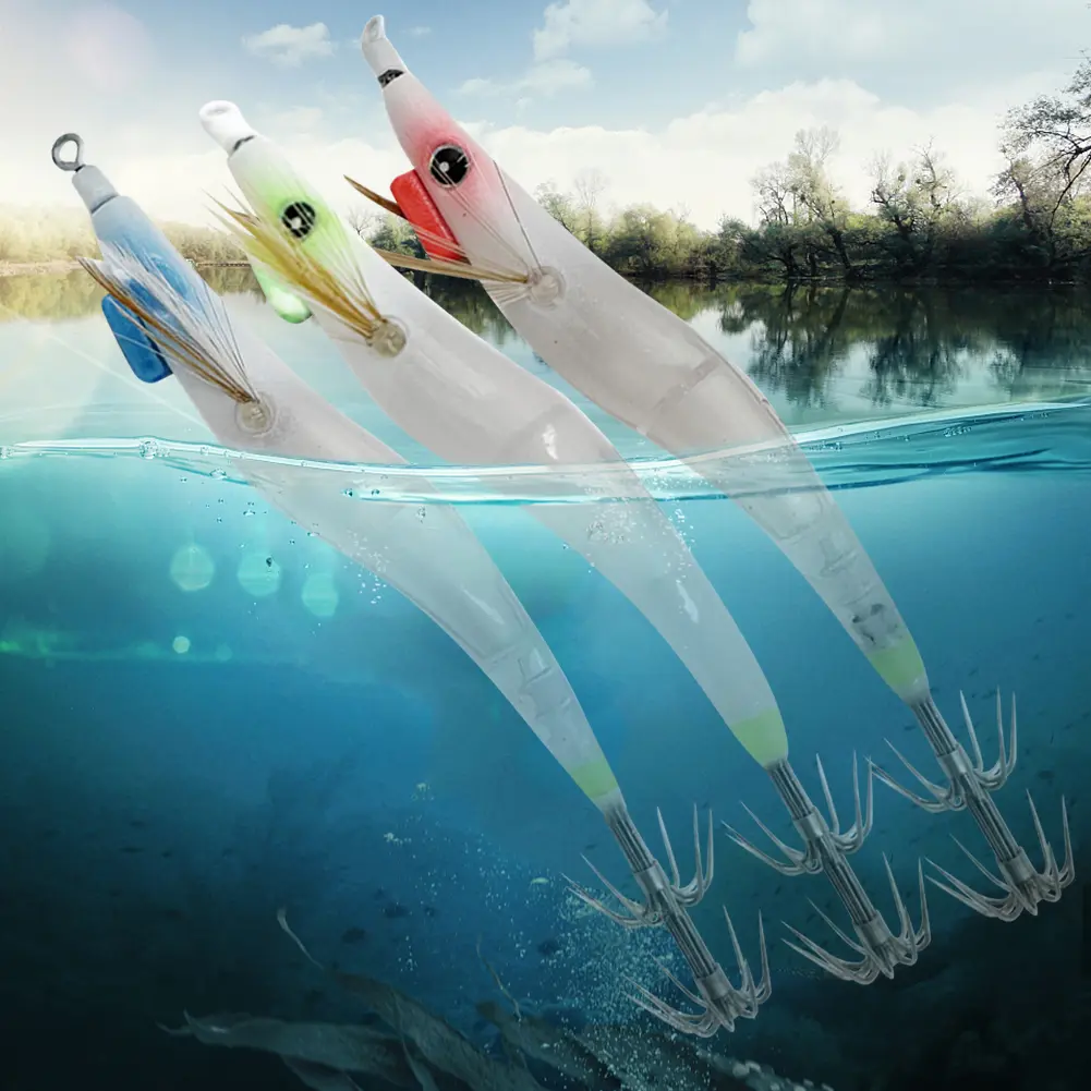 Luminous Lure UV Wood Egi Shrimp Fishing Lure with Squid Jig Hook Wood Shrimp Squid Lures for Freshwater Saltwater for Xmas Gift