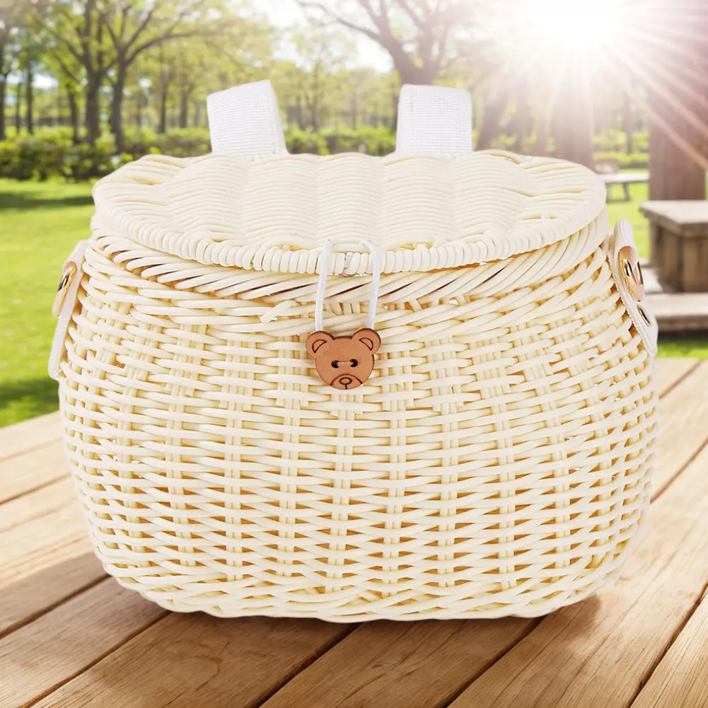 Bicycle Basket Rattan Woven Bike Scooter Tricycle Front Storage Basket Backpack with Lid Removable Kid Adult Bike Carrier Bag