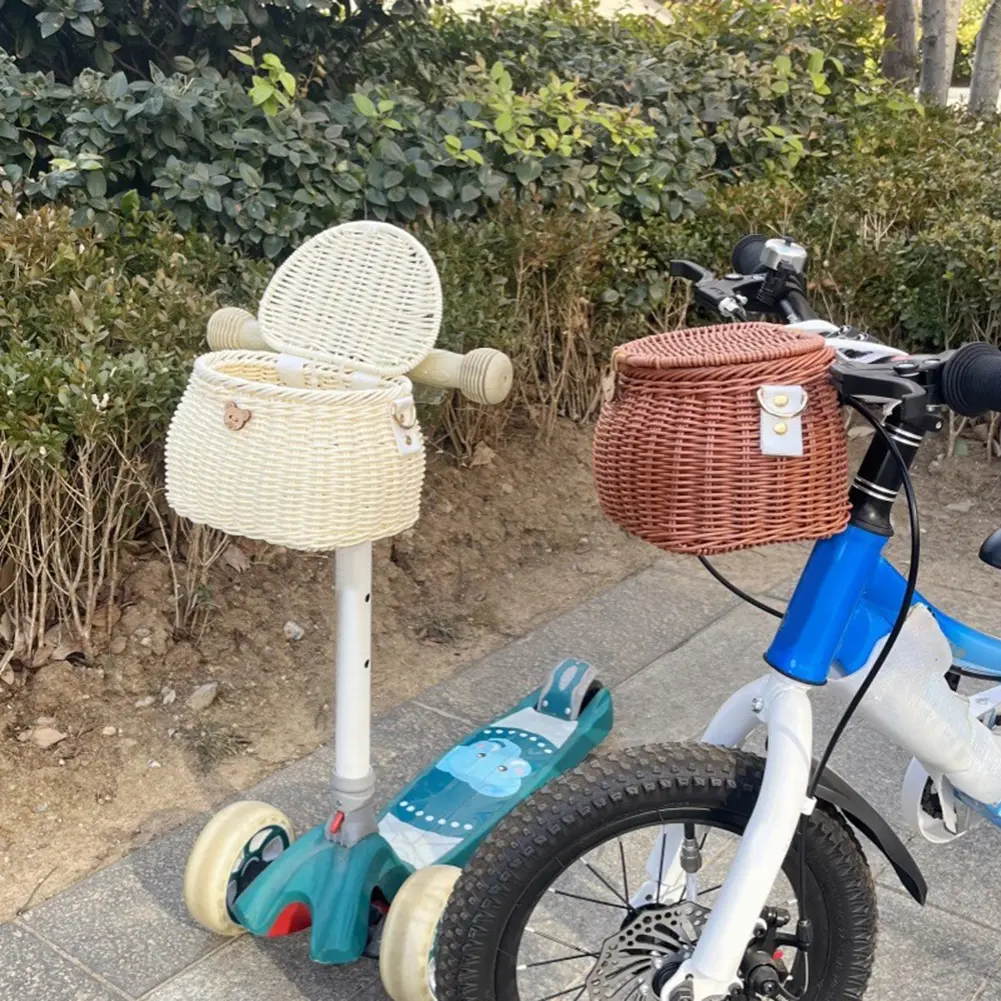 Bicycle Basket Rattan Woven Bike Scooter Tricycle Front Storage Basket Backpack with Lid Removable Kid Adult Bike Carrier Bag