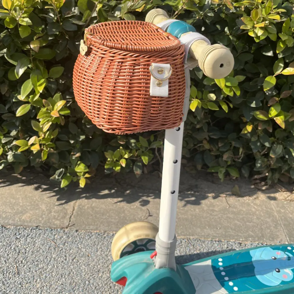 Bicycle Basket Rattan Woven Bike Scooter Tricycle Front Storage Basket Backpack with Lid Removable Kid Adult Bike Carrier Bag