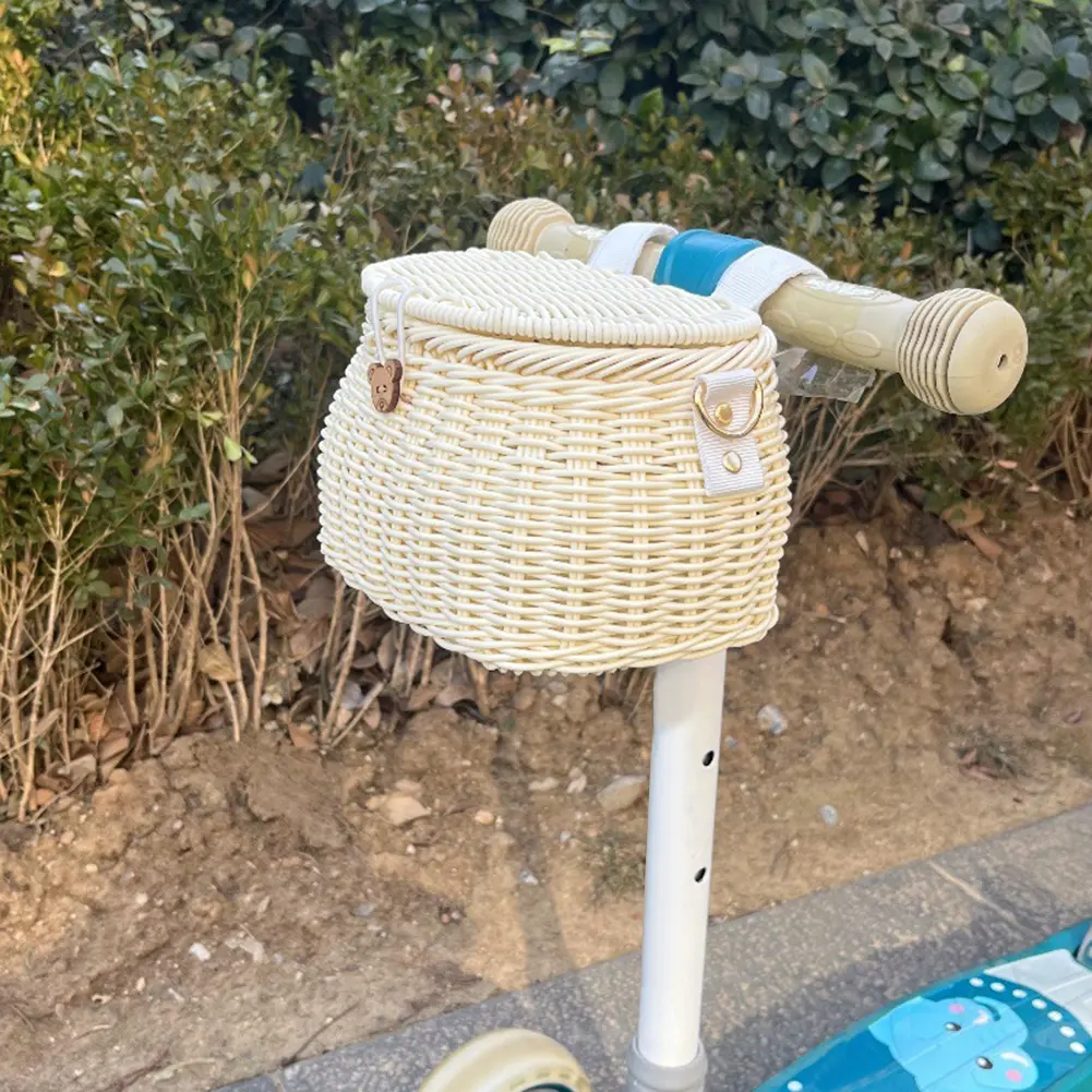 Bicycle Basket Rattan Woven Bike Scooter Tricycle Front Storage Basket Backpack with Lid Removable Kid Adult Bike Carrier Bag