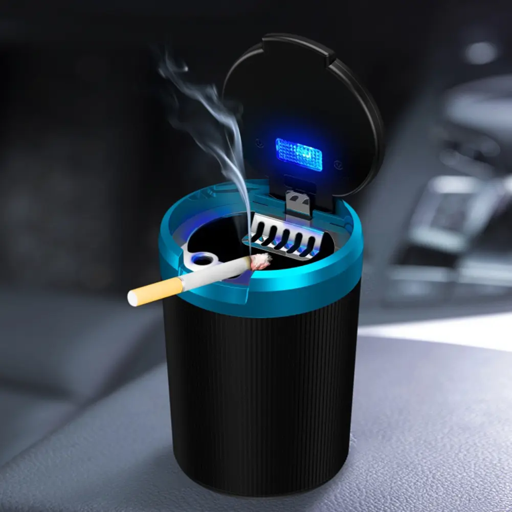 Car Ashtray with Lid Portable Ash Tray with Blue LED Light Car Ash Tray Smell Proof Mini Car Trash Can for Car Travel Agency