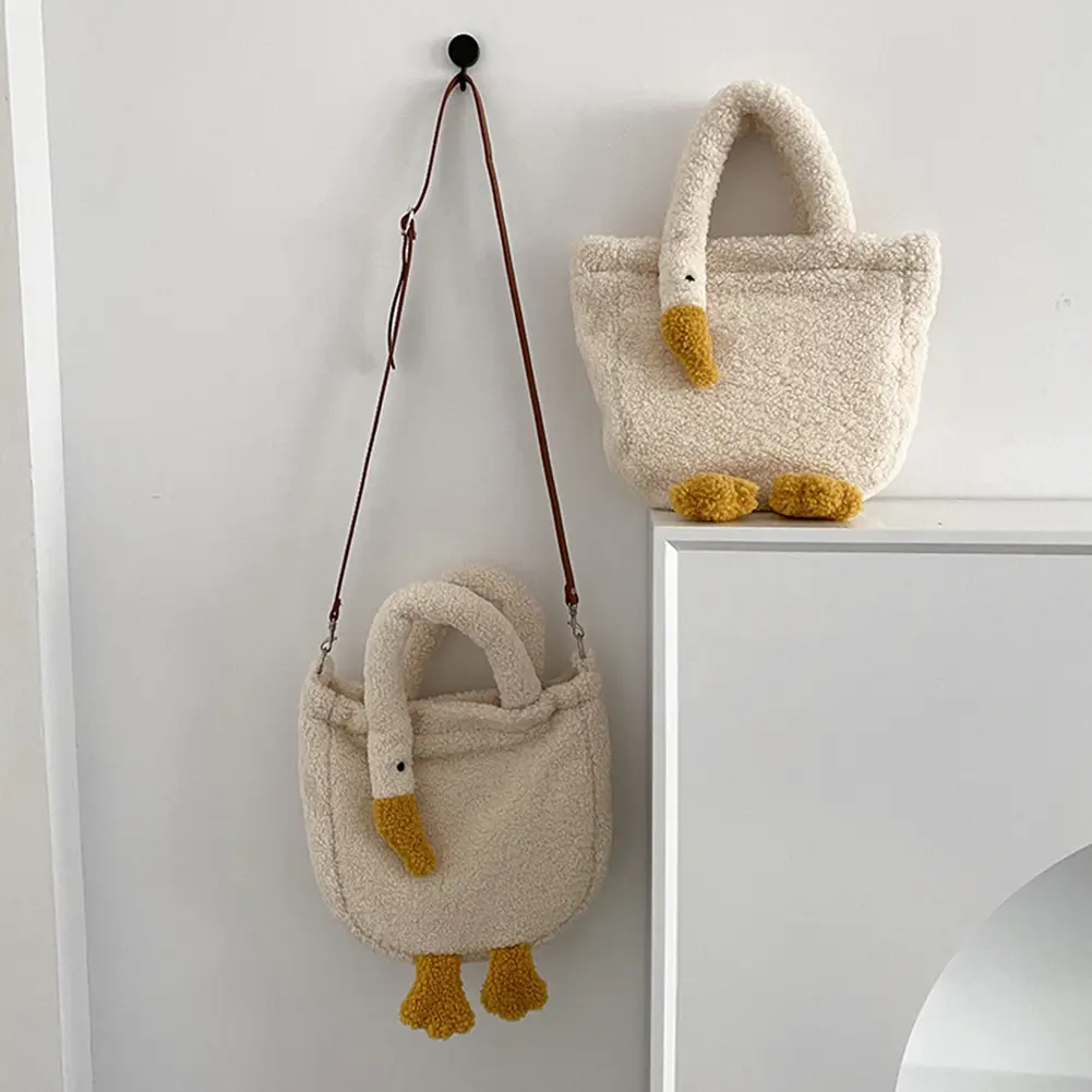 Plush Female Tote Bags Casual Cartoon Goose Top-handle Bag Fashion Cute Portable Adjustable Strap Simple Warm for Shopping Party