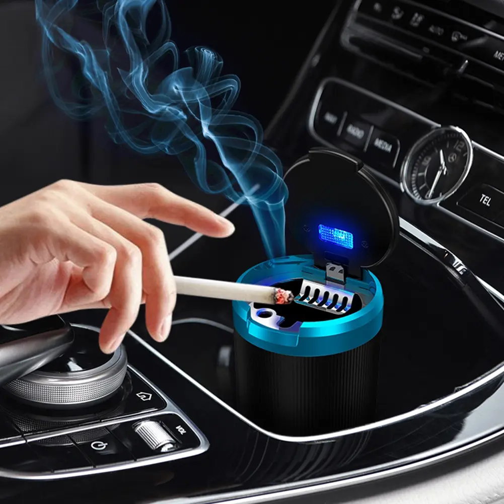 Car Ashtray with Lid Portable Ash Tray with Blue LED Light Car Ash Tray Smell Proof Mini Car Trash Can for Car Travel Agency