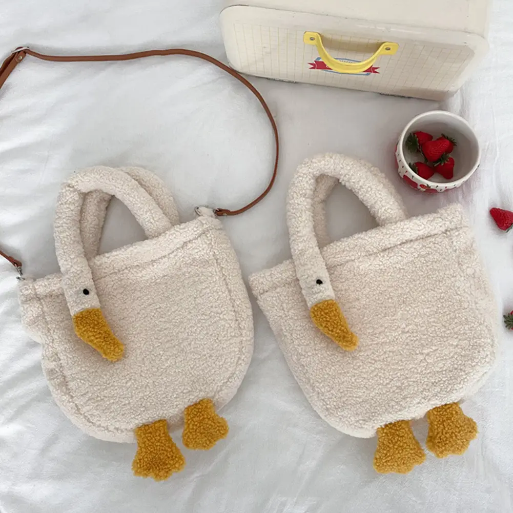 Plush Female Tote Bags Casual Cartoon Goose Top-handle Bag Fashion Cute Portable Adjustable Strap Simple Warm for Shopping Party