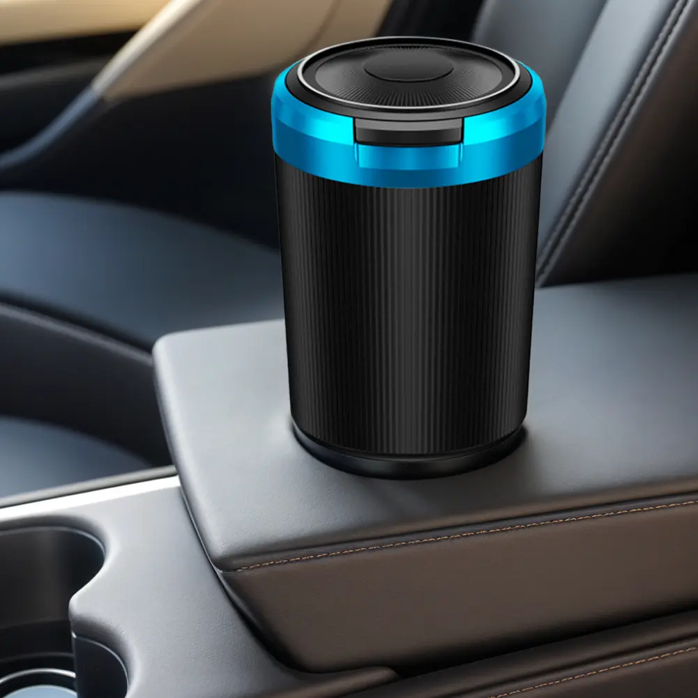 Car Ashtray with Lid Portable Ash Tray with Blue LED Light Car Ash Tray Smell Proof Mini Car Trash Can for Car Travel Agency