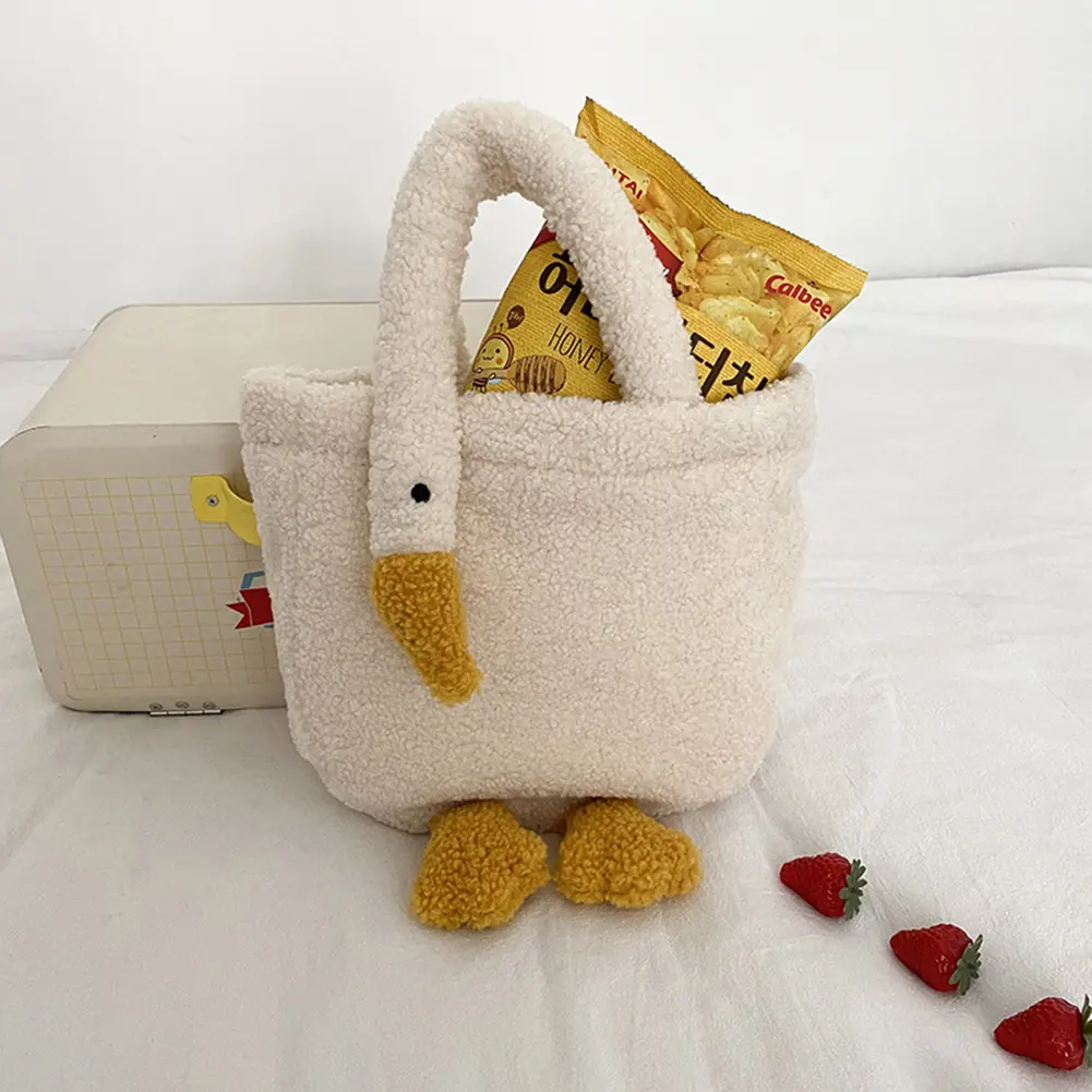 Plush Female Tote Bags Casual Cartoon Goose Top-handle Bag Fashion Cute Portable Adjustable Strap Simple Warm for Shopping Party