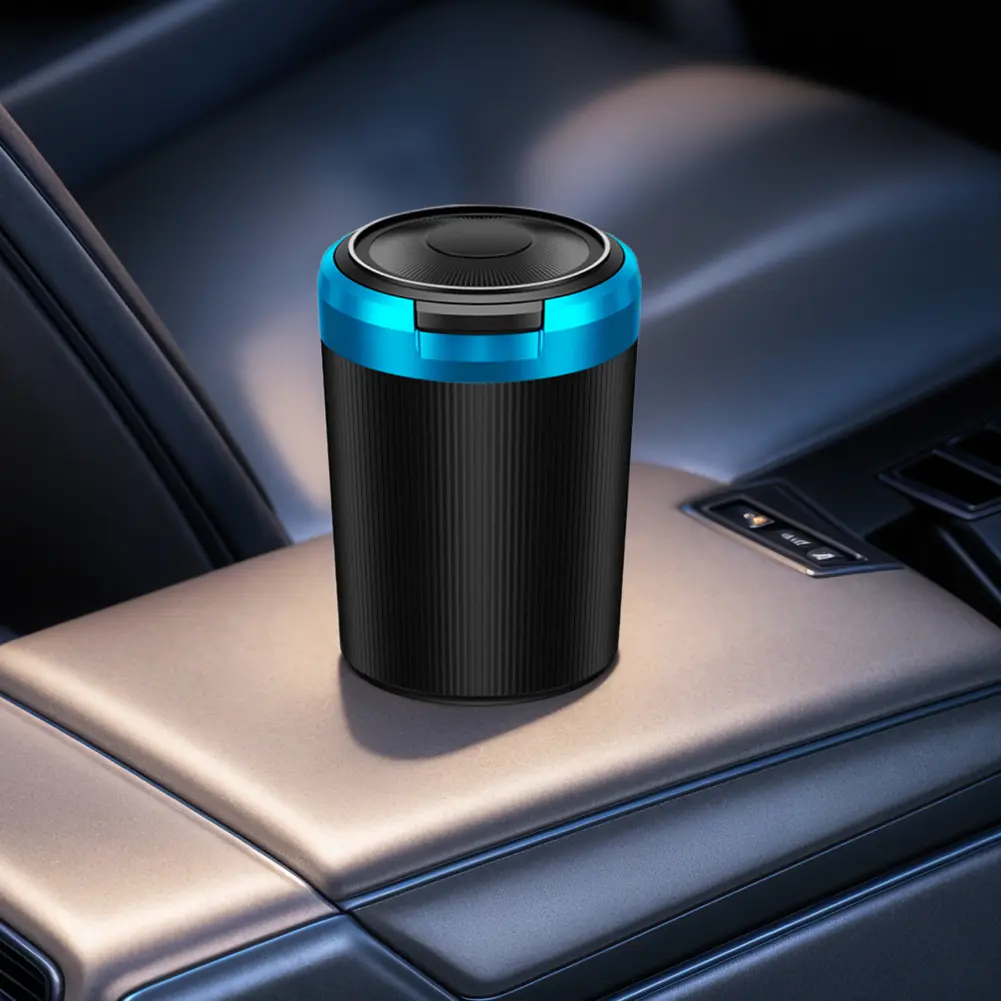 Car Ashtray with Lid Portable Ash Tray with Blue LED Light Car Ash Tray Smell Proof Mini Car Trash Can for Car Travel Agency