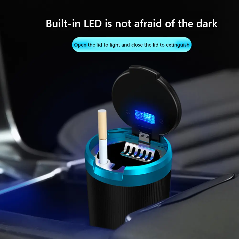Car Ashtray with Lid Portable Ash Tray with Blue LED Light Car Ash Tray Smell Proof Mini Car Trash Can for Car Travel Agency