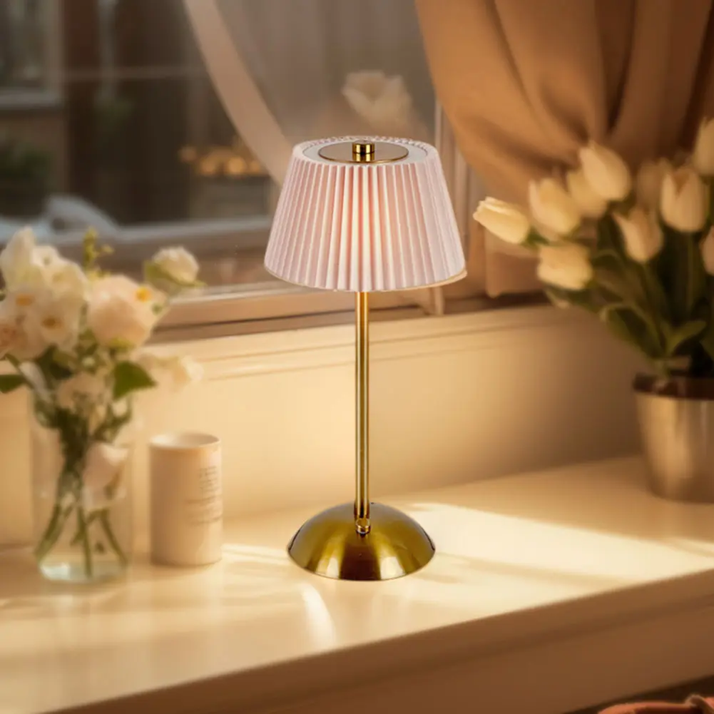 Small Pleated Bedside Lamp USB Rechargeable Desk Lamp Cordless Night Light for Bedroom Living Room Home Office Decor