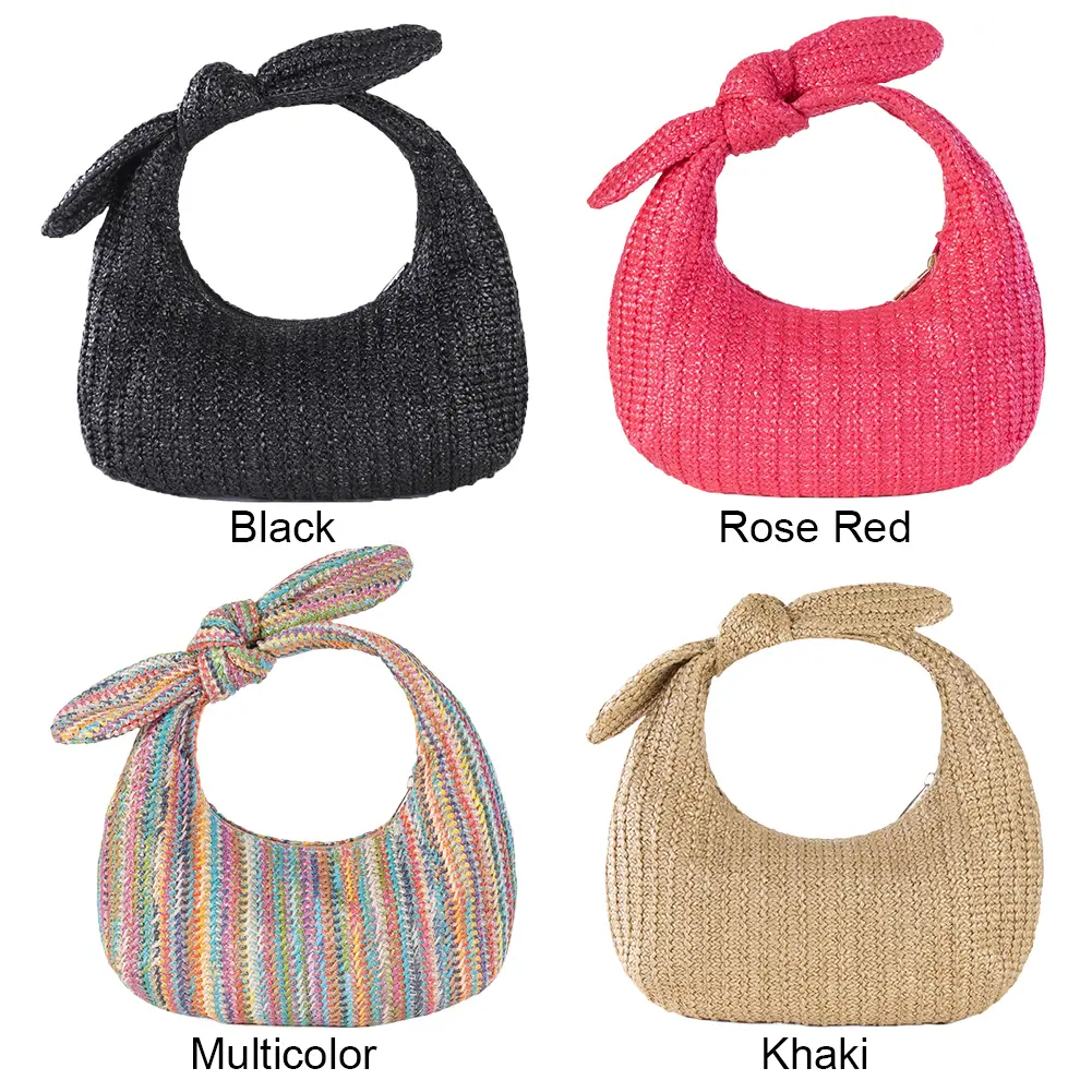 Summer Straw Woven Clutch Bag Women's Knotted Purses with Bow Handmade Weaving Dumpling Evening Handbag Party Wedding Beach Bags