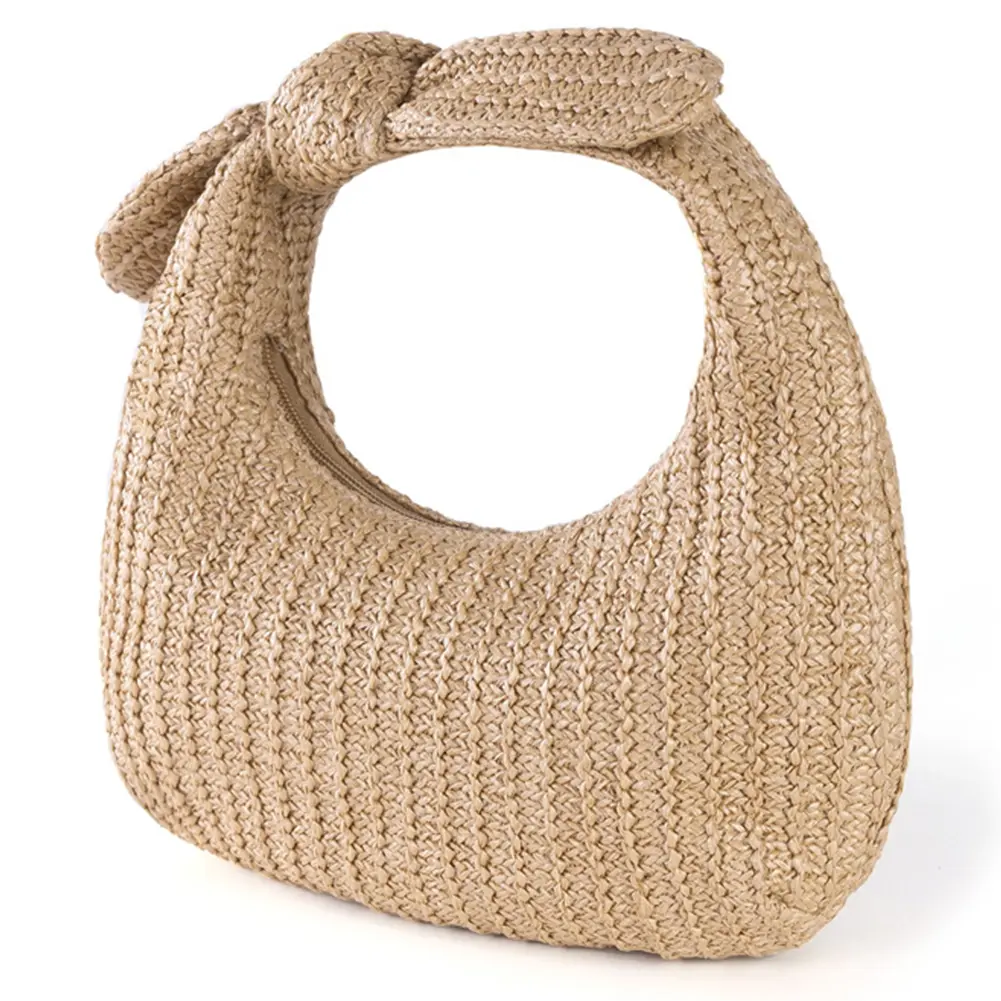 Summer Straw Woven Clutch Bag Women's Knotted Purses with Bow Handmade Weaving Dumpling Evening Handbag Party Wedding Beach Bags
