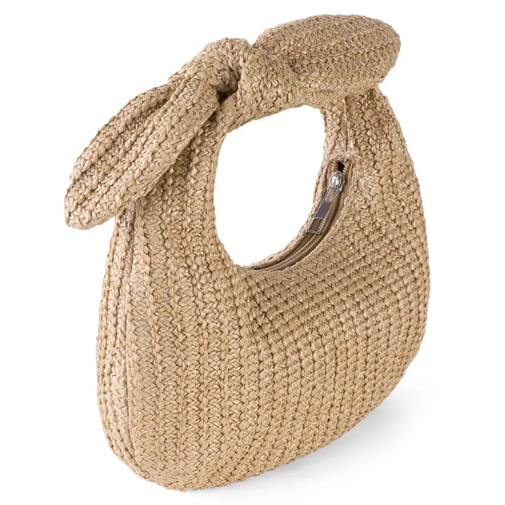 Summer Straw Woven Clutch Bag Women's Knotted Purses with Bow Handmade Weaving Dumpling Evening Handbag Party Wedding Beach Bags