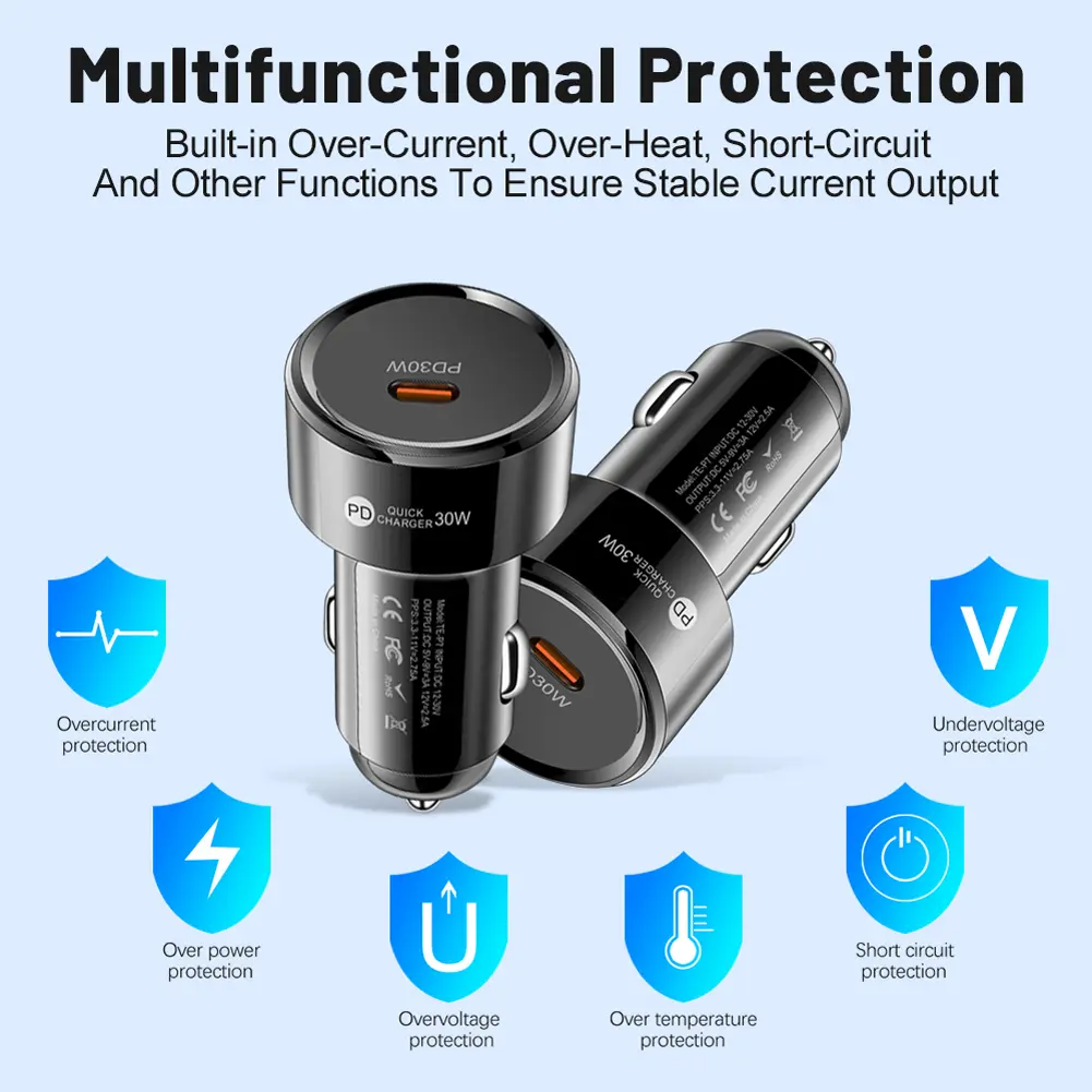 PD 30W USB Charger Socket USB Type C Car Power Adapter Multiple Protection Car USB-C Adapter for Samsung Huawei Xiaomi