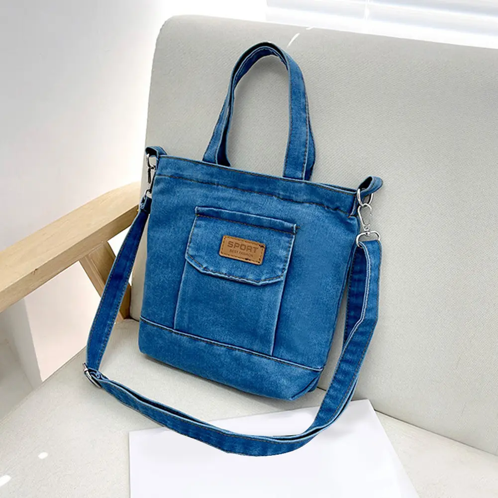 Women Casual Satchel Bag Denim Shopper Shoulder Handbag Large Capacity Adjustable Straps with Pockets Daily Handbag and Purse