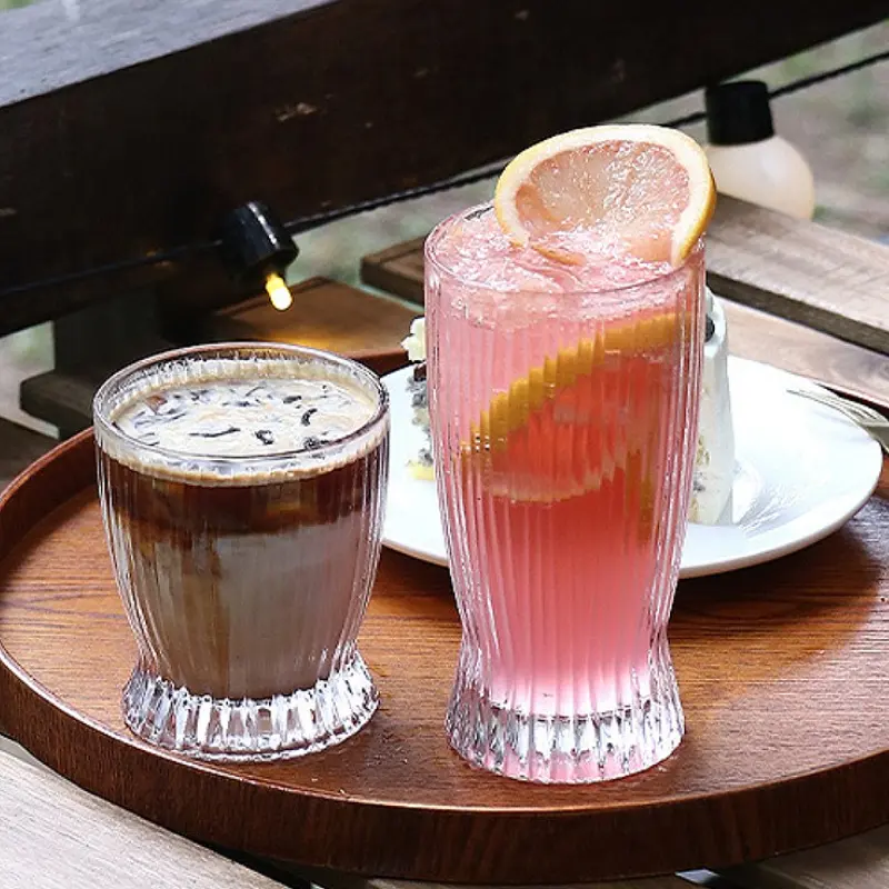 280ml/370ml Cocktail Glass Iced Latte Americano Coffee Cups Stripe Glass Cup Transparent Tumbler Restaurant Juice Beverage Cups