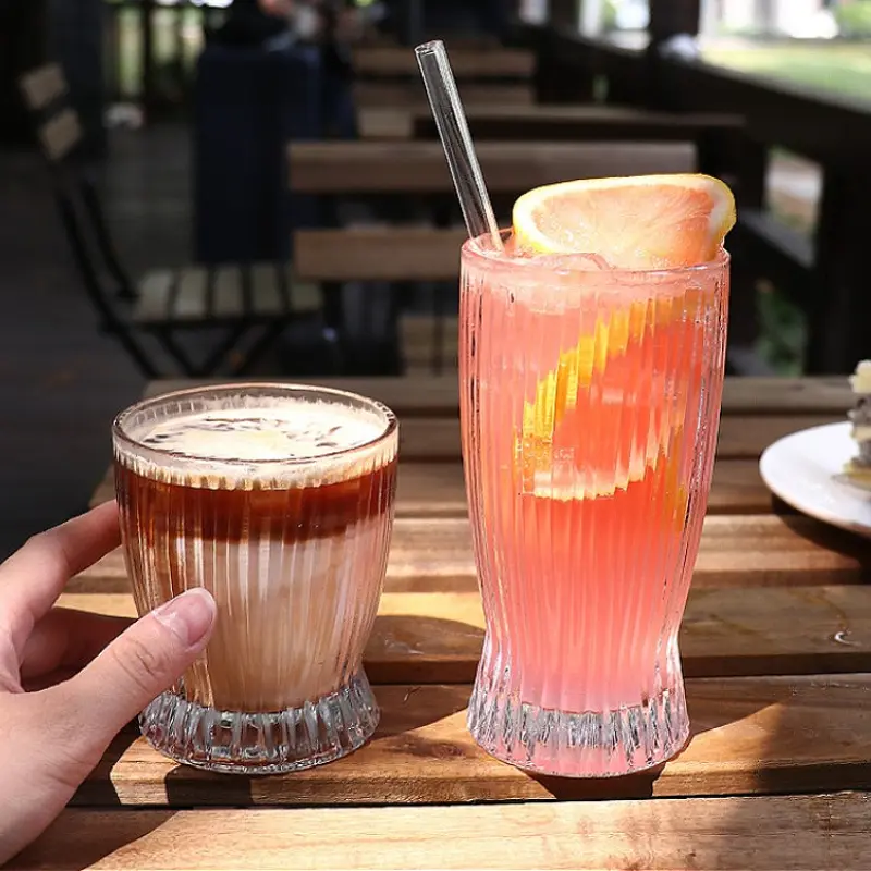 280ml/370ml Cocktail Glass Iced Latte Americano Coffee Cups Stripe Glass Cup Transparent Tumbler Restaurant Juice Beverage Cups