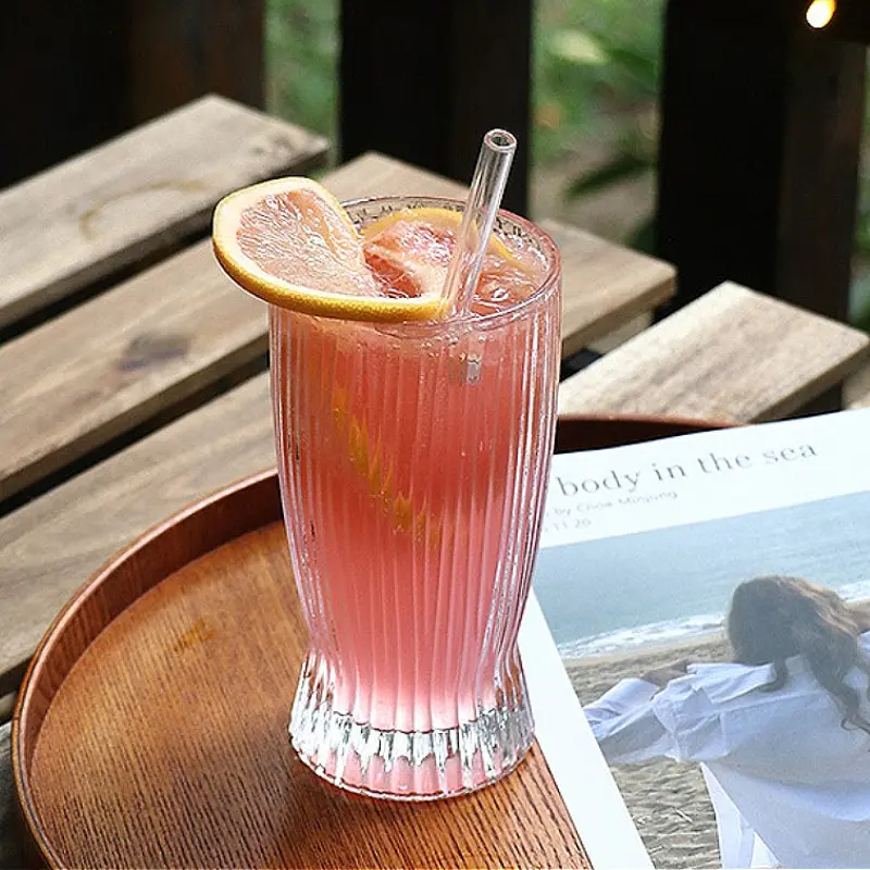 280ml/370ml Cocktail Glass Iced Latte Americano Coffee Cups Stripe Glass Cup Transparent Tumbler Restaurant Juice Beverage Cups