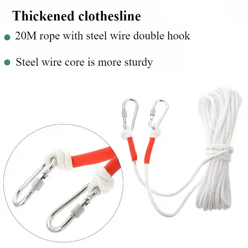 20m Safety Rope Tent Rope Clothesline Climbing Rope for Adults with Double Hook Durable for Rock Climbing and Outdoor Adventures
