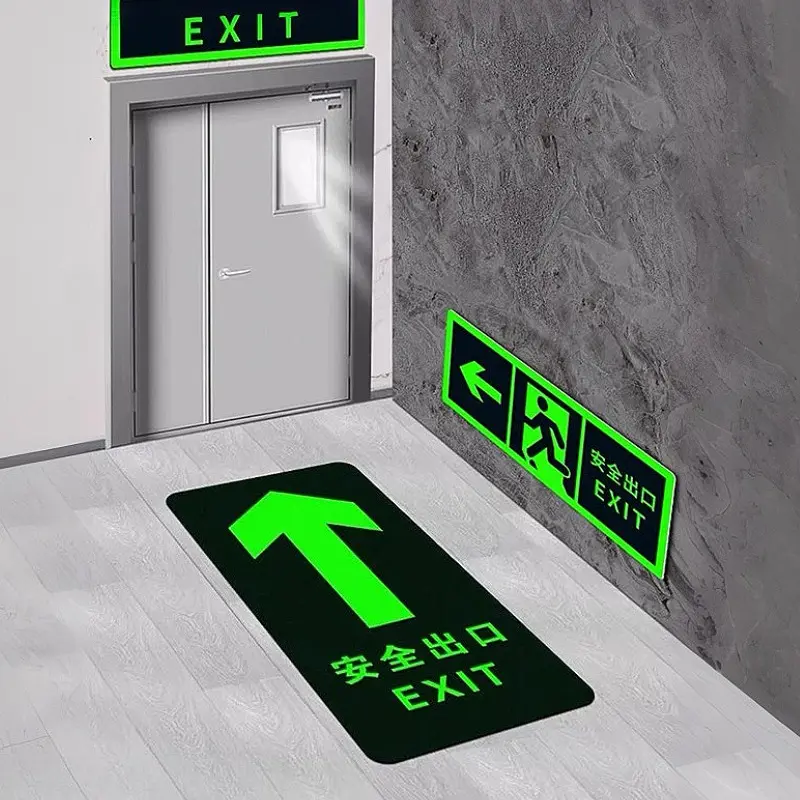 Luminous Safety Exit Signage Directional Self-illuminated Fire Evacuation Emergency Warning Signs Guidance Board Wall Sticker