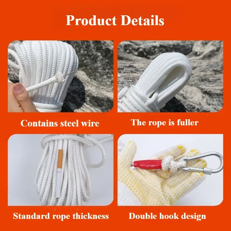 Emergency Escape Rope Climbing Ropes Rescue Safety Rope with Double Buckle Fishing Rope 20m Length for Outdoor Camping Sports