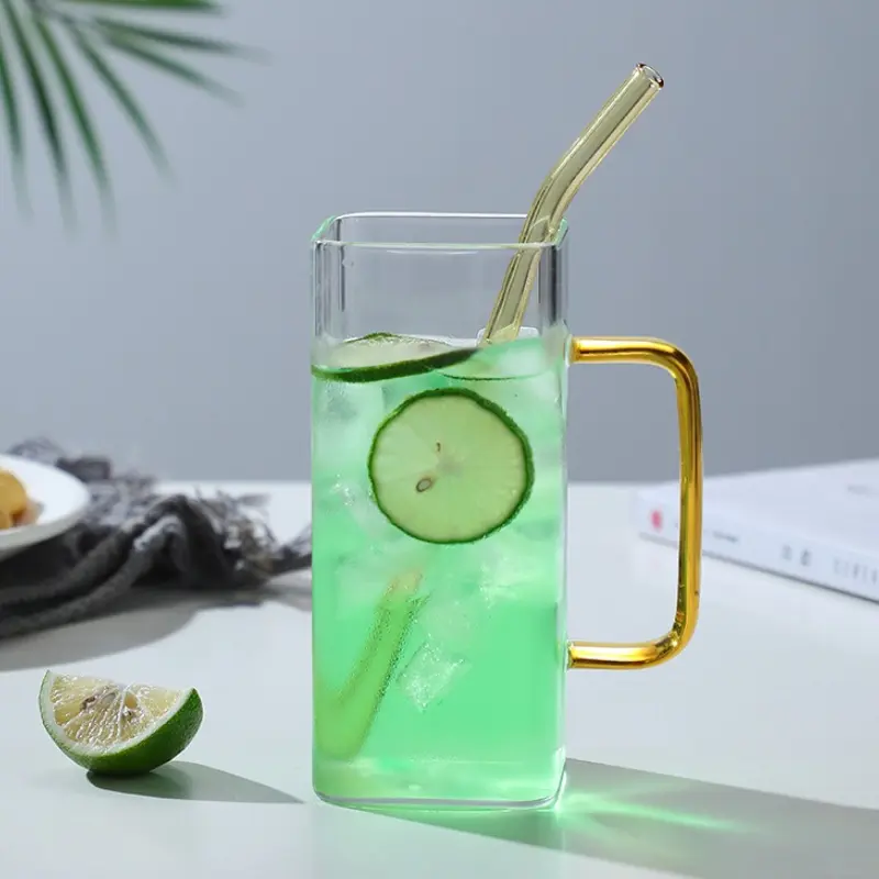 375ml/430ml Beverage Cup Transparent Cocktail Glass Tea Cup with Handle Drinkware Breakfast Mug Water Bottle Outdoor Tableware