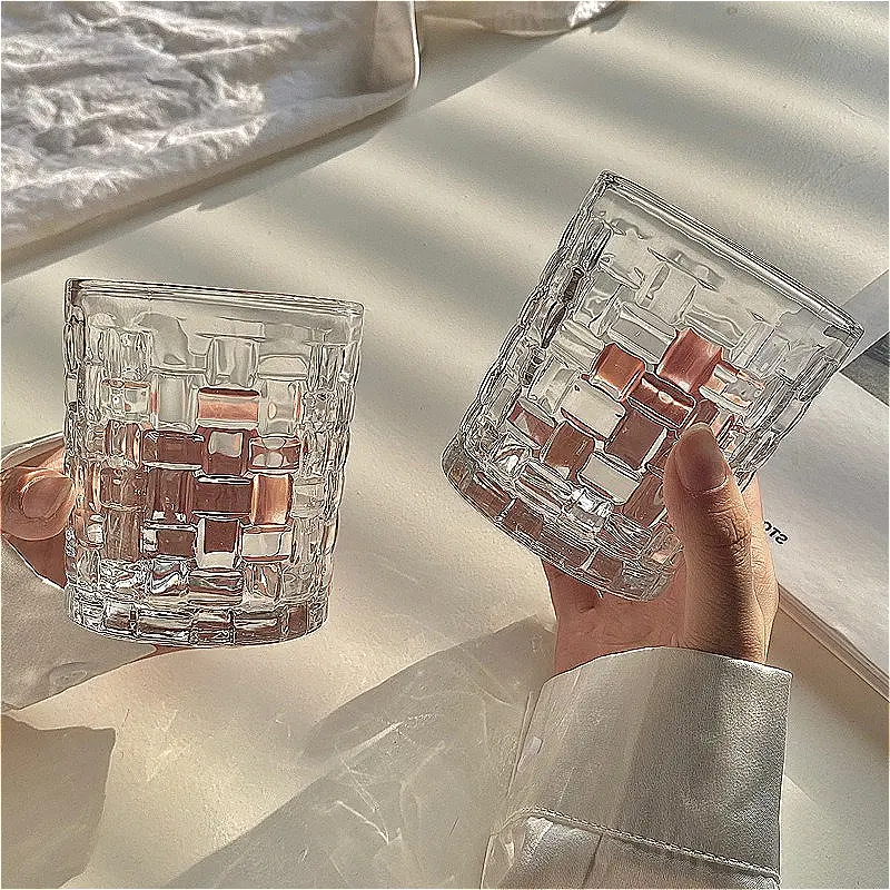 330ml/410ml Rattan Woven Patterned Wine Glass Household Embossed Glass Cup Transparent Water Bottle Cold Drinking Cup Mojito Mug