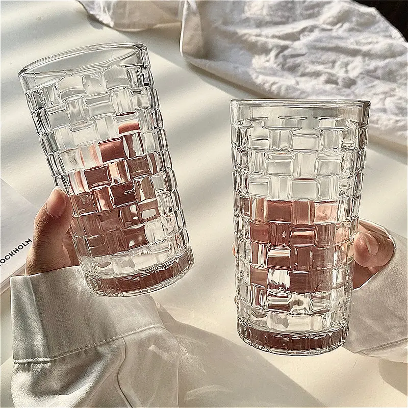 330ml/410ml Rattan Woven Patterned Wine Glass Household Embossed Glass Cup Transparent Water Bottle Cold Drinking Cup Mojito Mug