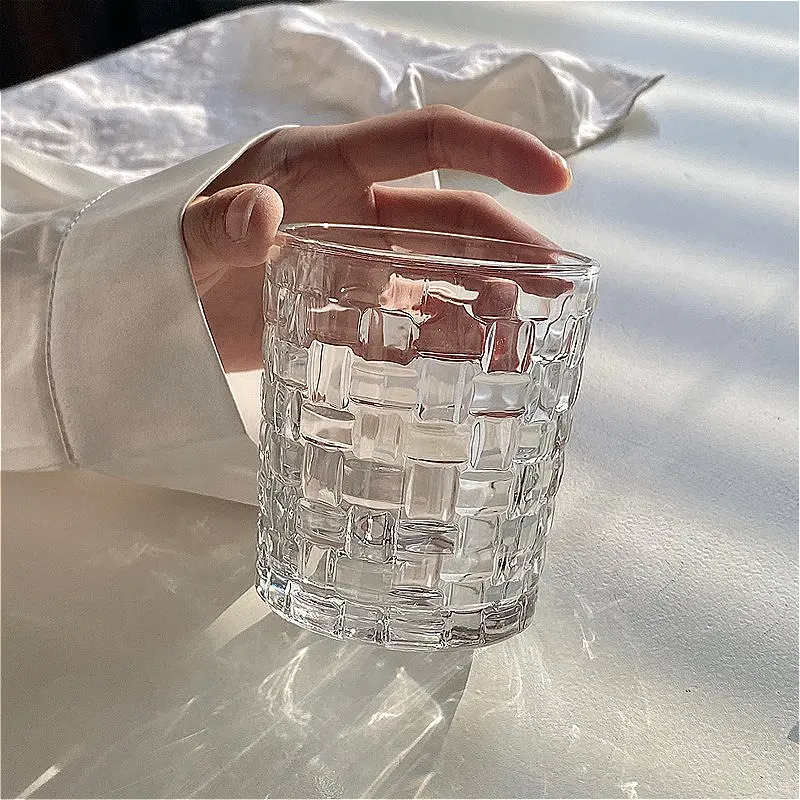 330ml/410ml Rattan Woven Patterned Wine Glass Household Embossed Glass Cup Transparent Water Bottle Cold Drinking Cup Mojito Mug