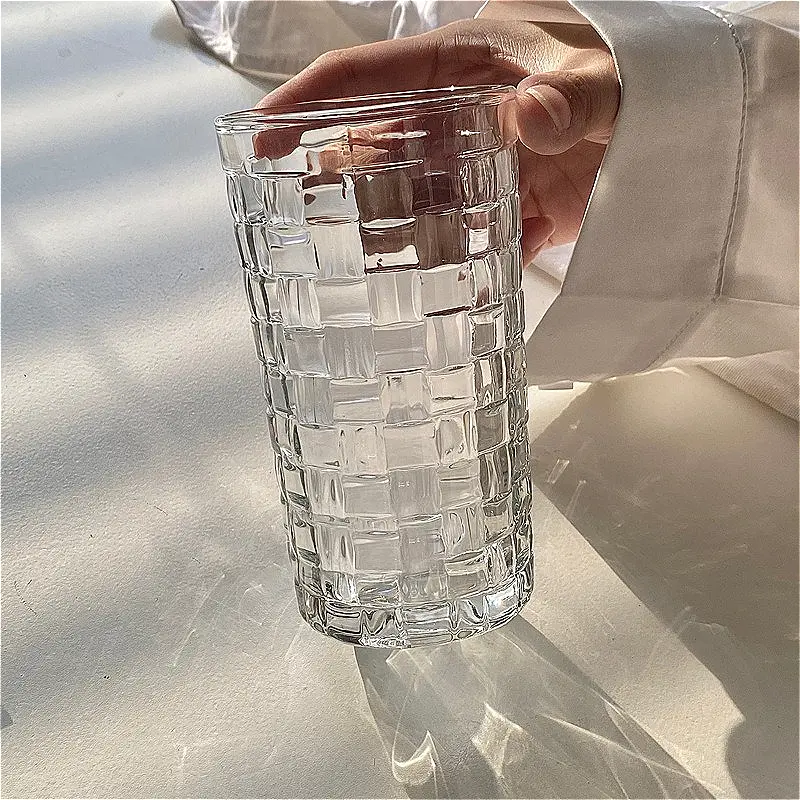 330ml/410ml Rattan Woven Patterned Wine Glass Household Embossed Glass Cup Transparent Water Bottle Cold Drinking Cup Mojito Mug