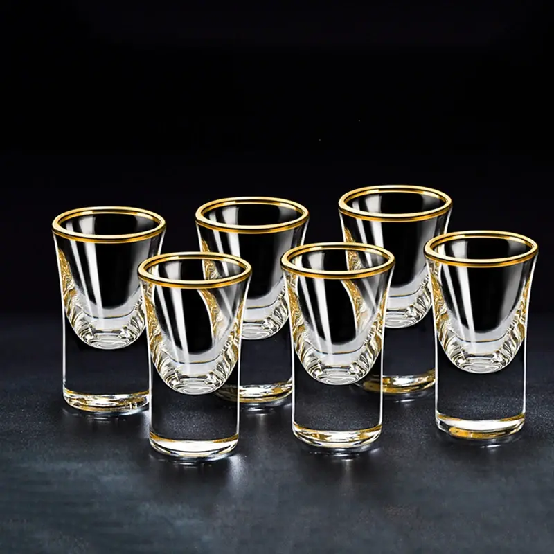 6pcs Sets Luxury Vodka Glass Bar Tools Elegant Golden Edged Small Wine Glass Transparent Thick Bottom Baijiu Cup Wine Utensils