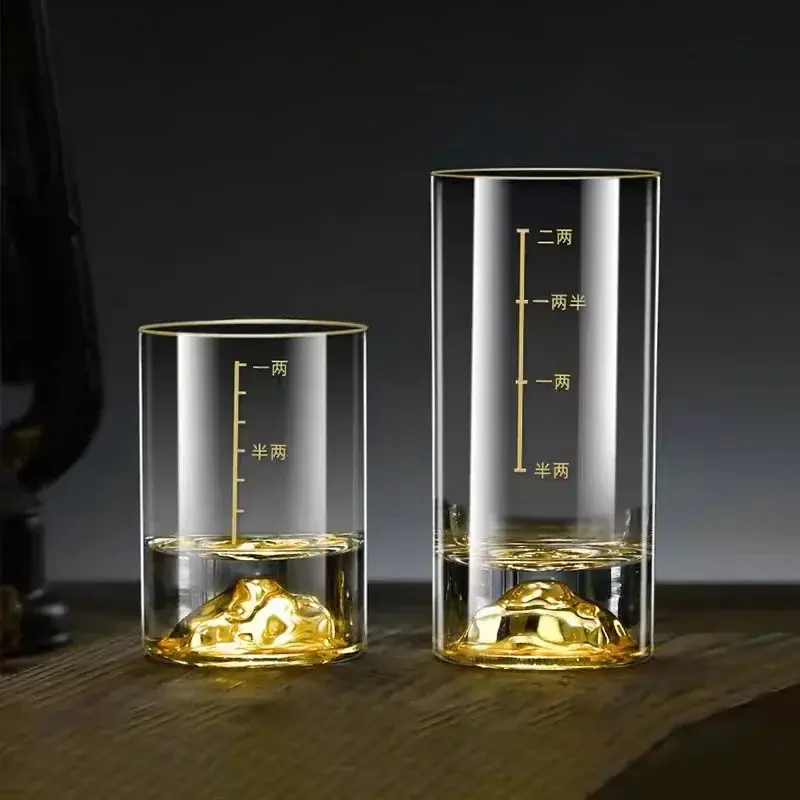 4pcs Sets Luxury Golden Mountain Wine Glass Crystal Gold Foil Glass Cup 50ml/100ml High End Spirits Cup Bar Brandy Scotch Cups