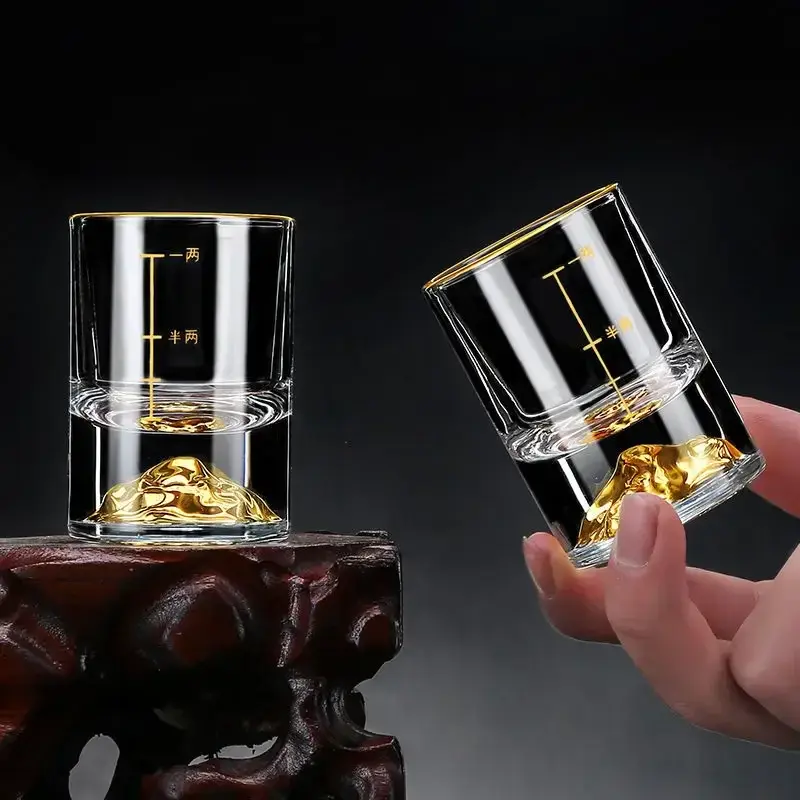 4pcs Sets Luxury Golden Mountain Wine Glass Crystal Gold Foil Glass Cup 50ml/100ml High End Spirits Cup Bar Brandy Scotch Cups