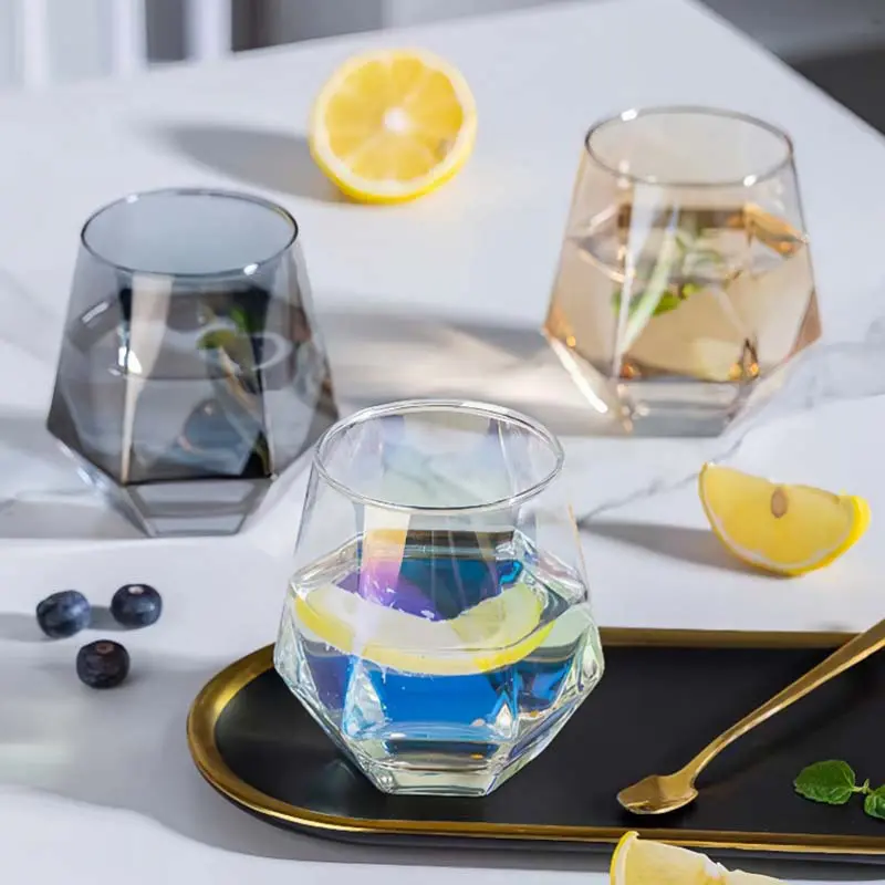320ml 11oz Creative Stylish Whiskey Glass Colorful Juice Tea Beverage Cups Household Hexagonal Glass Cup Cocktail Brandy Glasses