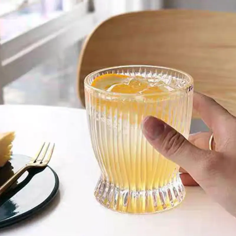 2pcs Set 280ml Household Small Slim Waist Striped Water Cup Simple Coffee Iced Latte Cups Drinkware Foreign Wine Whiskey Glasses
