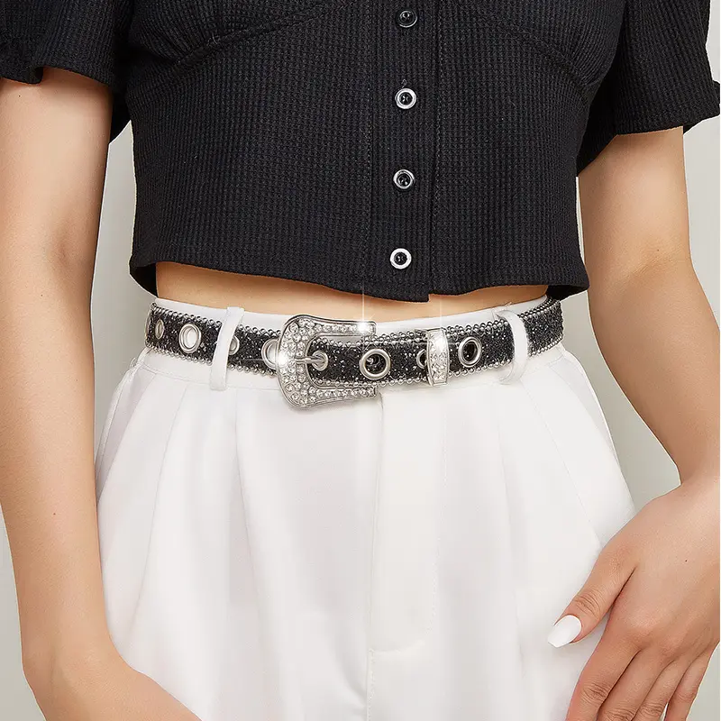 Desinger Belts For Women Luxury Brands Blingbling Plus Size Sequin Rhinestone Buckle All-Eyelet Punk Goth Y2k Silver Belt Men