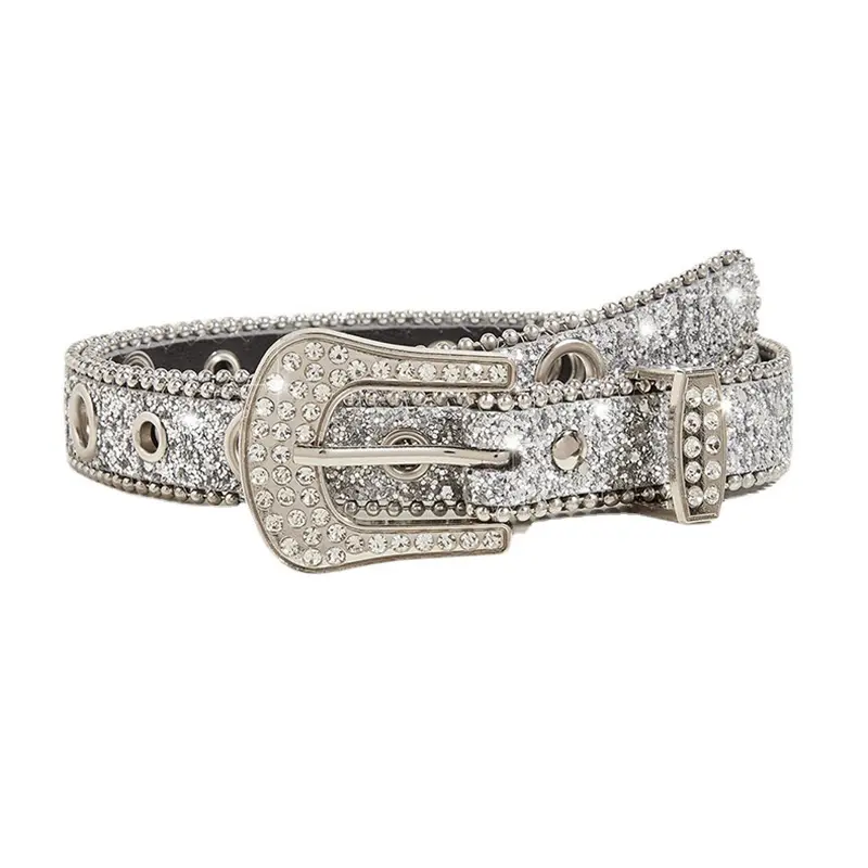 Desinger Belts For Women Luxury Brands Blingbling Plus Size Sequin Rhinestone Buckle All-Eyelet Punk Goth Y2k Silver Belt Men