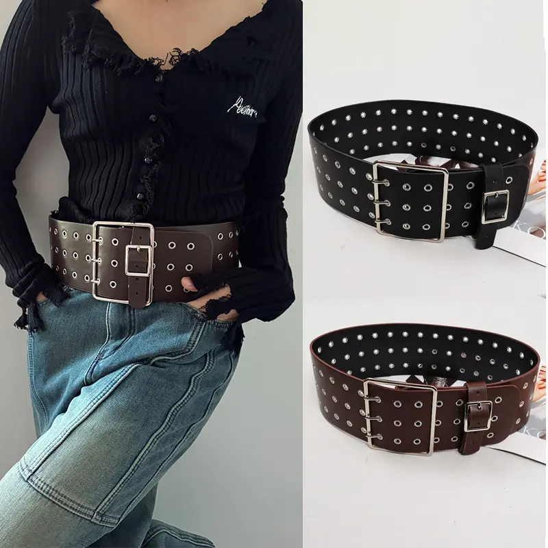 Women's Runway Fashion Genuine Rivet Leather Cummerbunds Female Dress Corsets Belts Punk Decoration Wide Belt Gothic Waistband