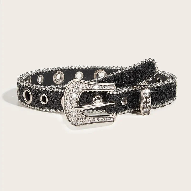 Desinger Belts For Women Luxury Brands Blingbling Plus Size Sequin Rhinestone Buckle All-Eyelet Punk Goth Y2k Silver Belt Men