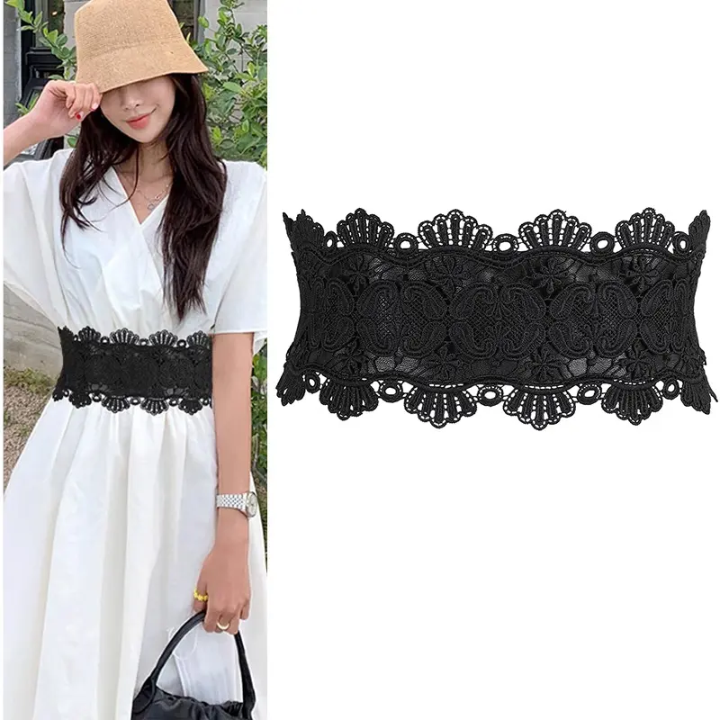 Wide Lace Corset Belts For Women Plus Size Black Belt Female Luxury Brands Punk Gothic Cummerbunds Y2K Waistband Elegant Belt