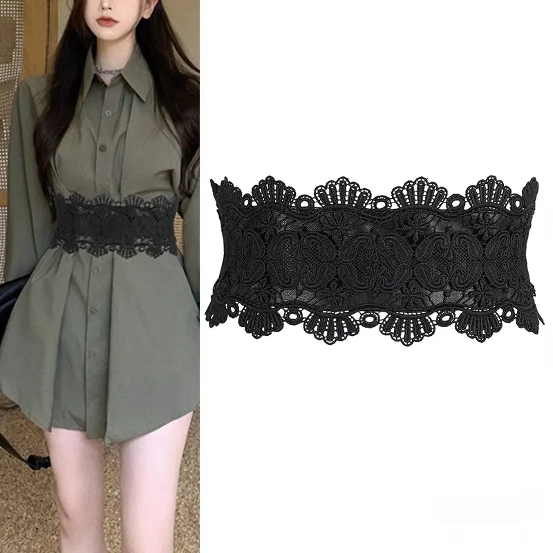 Wide Lace Corset Belts For Women Plus Size Black Belt Female Luxury Brands Punk Gothic Cummerbunds Y2K Waistband Elegant Belt