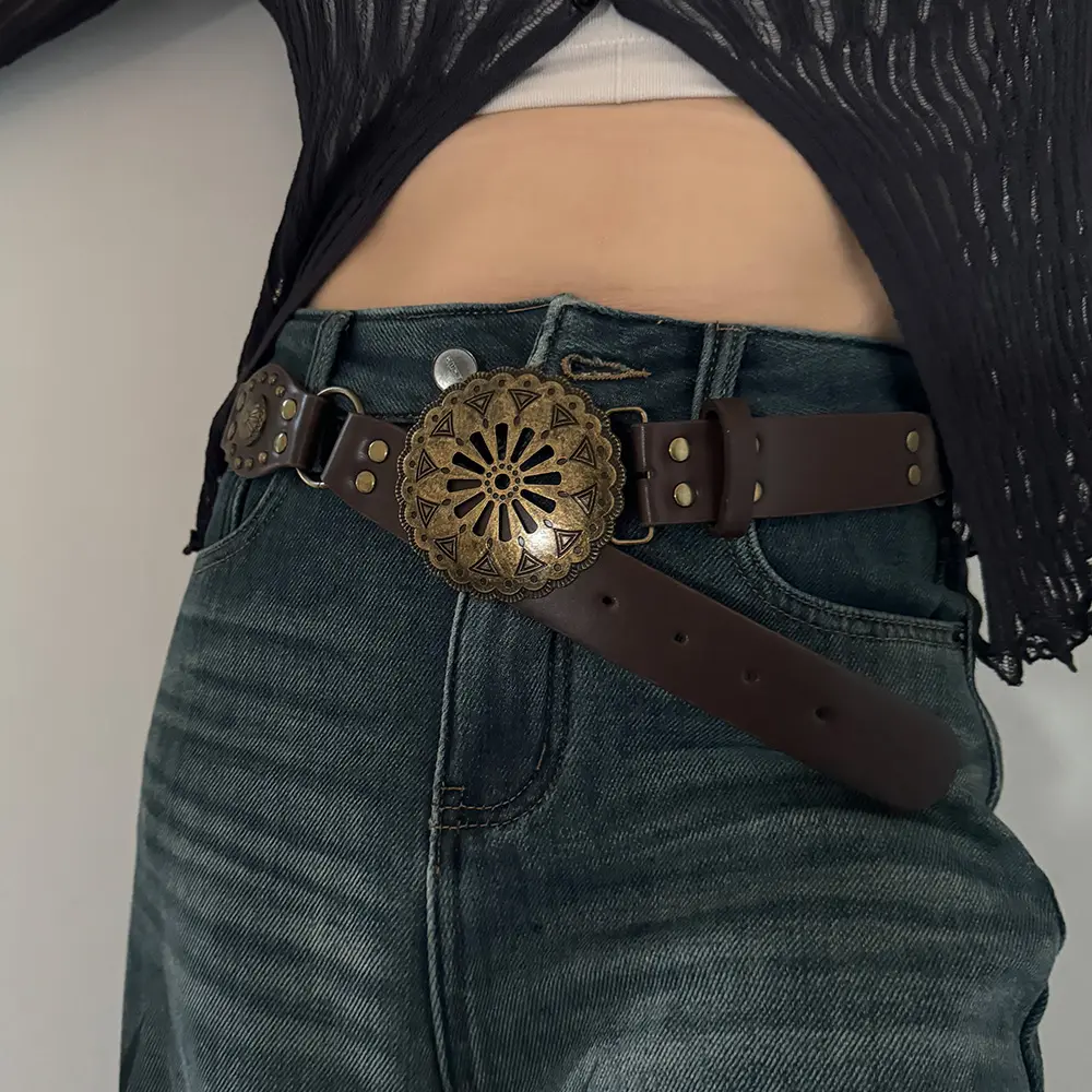 Western Cowgirl Cowboy Desinger Belts For Women Retro Y2K spliced Girdles Waistband Female Personality Round trend jeans belt