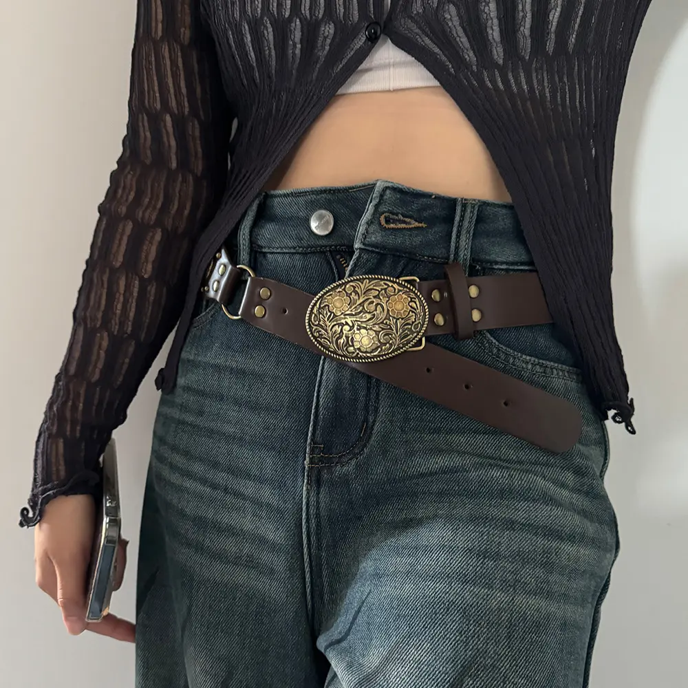 Western Cowgirl Cowboy Desinger Belts For Women Retro Y2K spliced Girdles Waistband Female Personality Round trend jeans belt