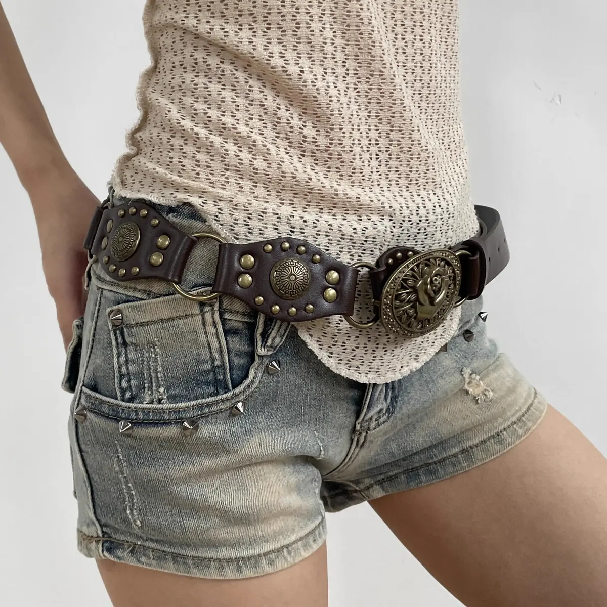 Western Cowgirl Cowboy Desinger Belts For Women Retro Y2K spliced Girdles Waistband Female Personality Round trend jeans belt