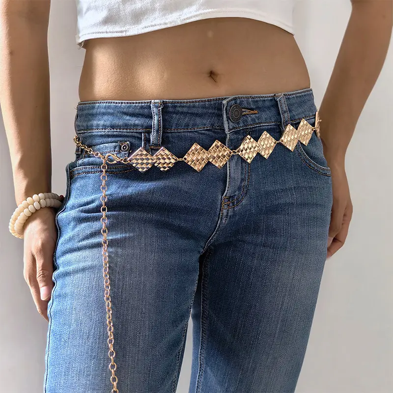 High-end Luxury Designer Metal Women's Long Waist Chain Adjustable Durable Retro Gold/Silver Plaid Elegant Chain Belt For women