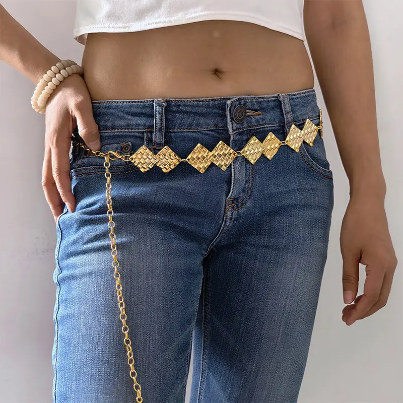 High-end Luxury Designer Metal Women's Long Waist Chain Adjustable Durable Retro Gold/Silver Plaid Elegant Chain Belt For women