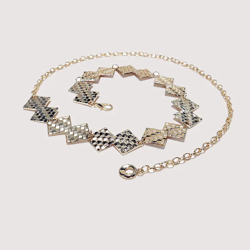High-end Luxury Designer Metal Women's Long Waist Chain Adjustable Durable Retro Gold/Silver Plaid Elegant Chain Belt For women