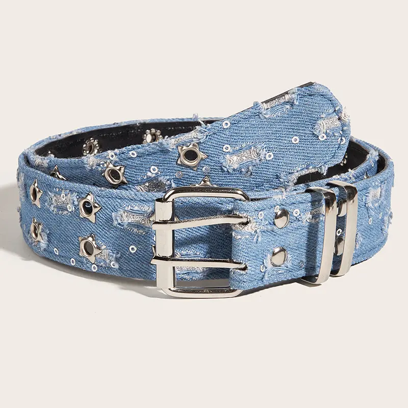 Punk Star Eyelet Denim Fabric Belts For Women High Quality Luxury Brand Unisex Jeans Retro Goth Belt Blue Waistband