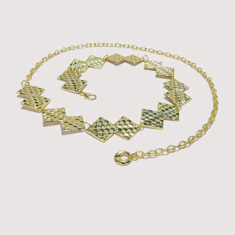High-end Luxury Designer Metal Women's Long Waist Chain Adjustable Durable Retro Gold/Silver Plaid Elegant Chain Belt For women