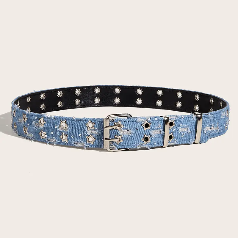 Punk Star Eyelet Denim Fabric Belts For Women High Quality Luxury Brand Unisex Jeans Retro Goth Belt Blue Waistband